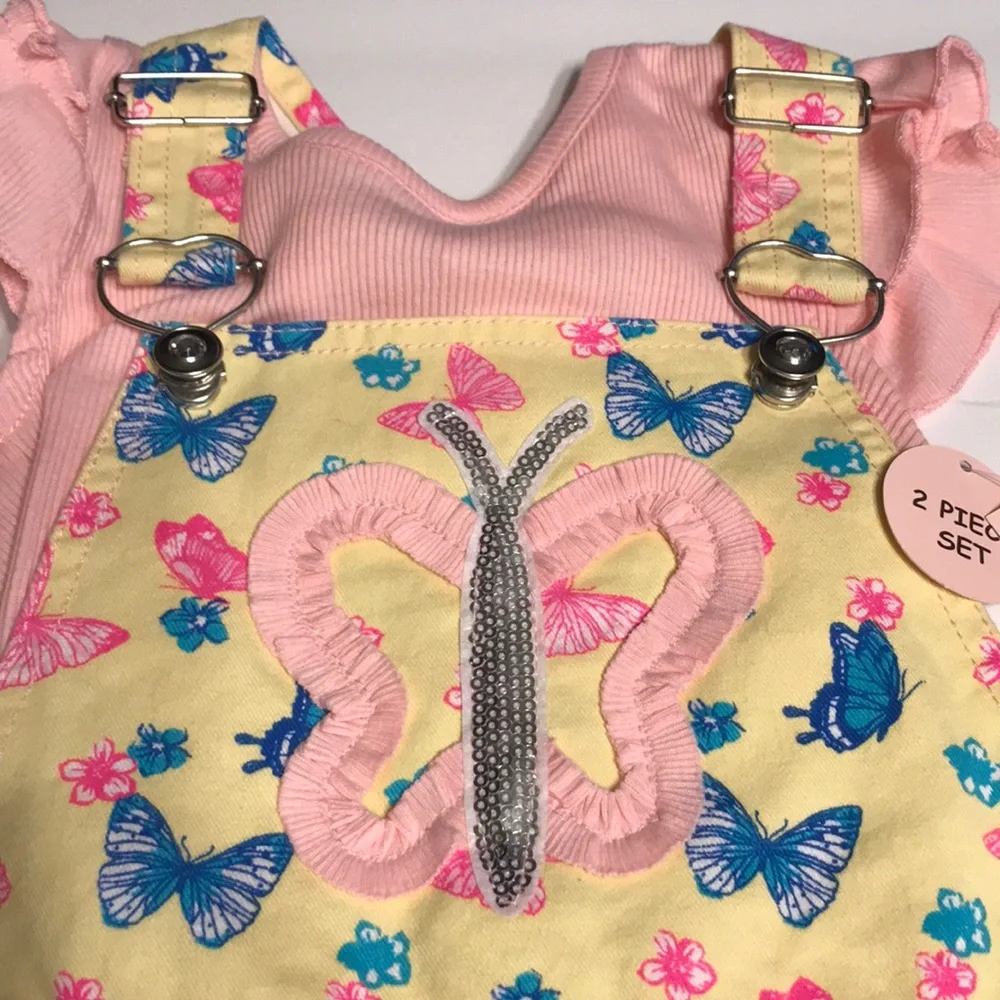 Toddler Girls jumper shorts Little Lass 2T butterfly overalls yellow pink new - Picture 2 of 8